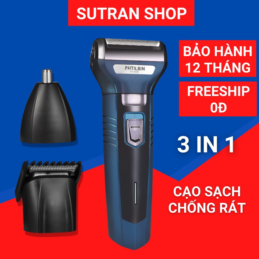 [BH 1 NĂM] Máy Cạo Râu Khô 3 Trong 1 Đa Năng Sutran Shop, May Cao Rau Nam, Không Rát Cắt Tóc Tỉa Lông Mũi, 2 Lưỡi Mài Lưỡi Tự Động