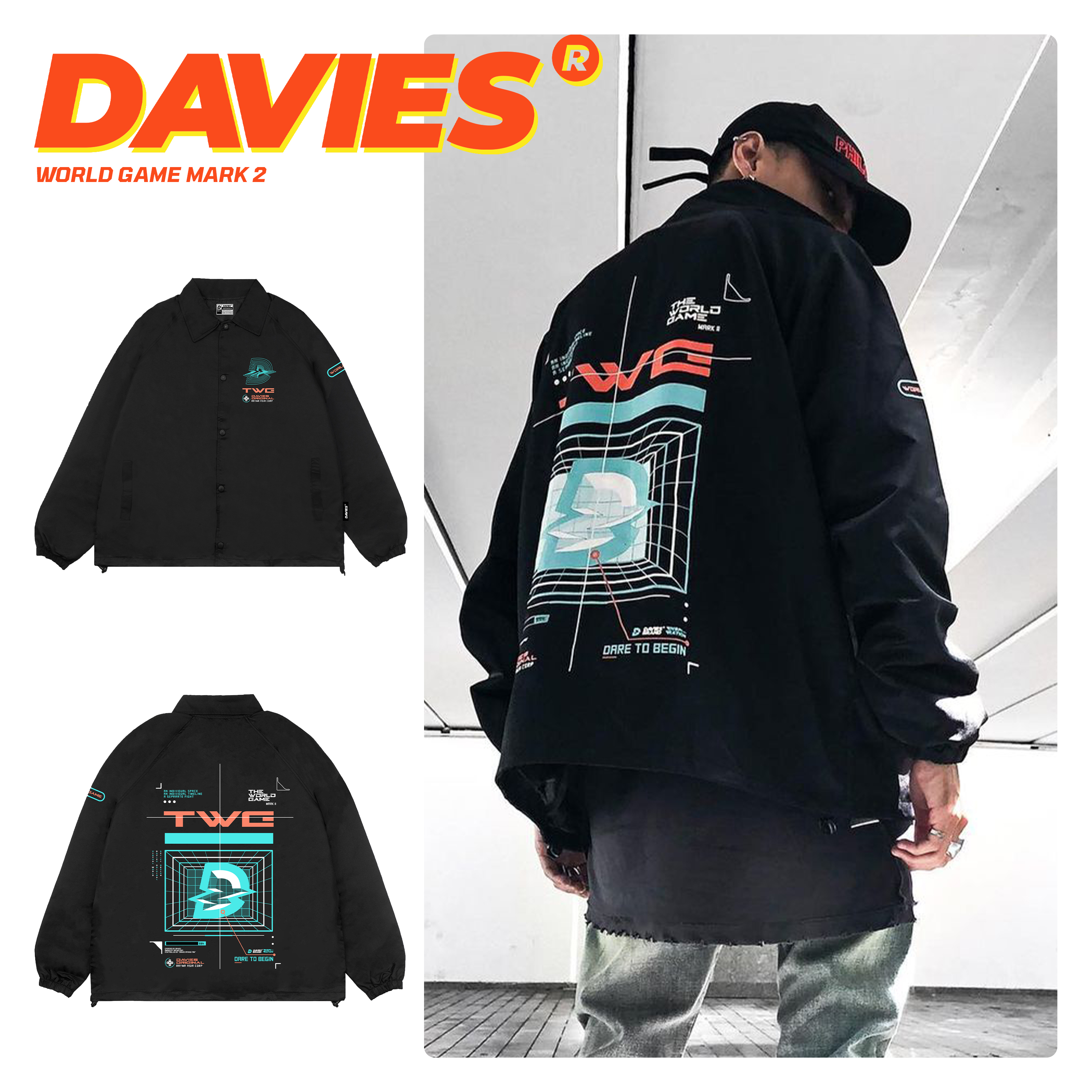 Davies - áo khoác dù nam nữ form rộng màu đen - dsw jacket world game mark 2