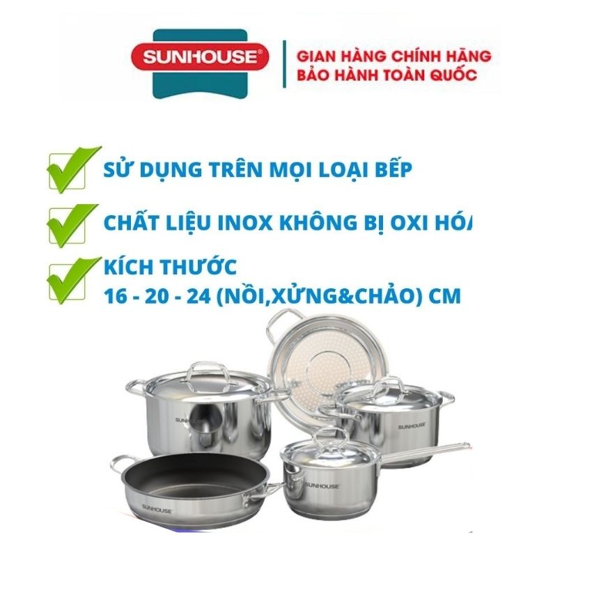 Bộ 5 món nồi inox 5 đáy chảo chống dính xửng hấp quánh inox dùng bếp từ sunhouse 20 24 16cm chính hãng bảo hành toàn quốc