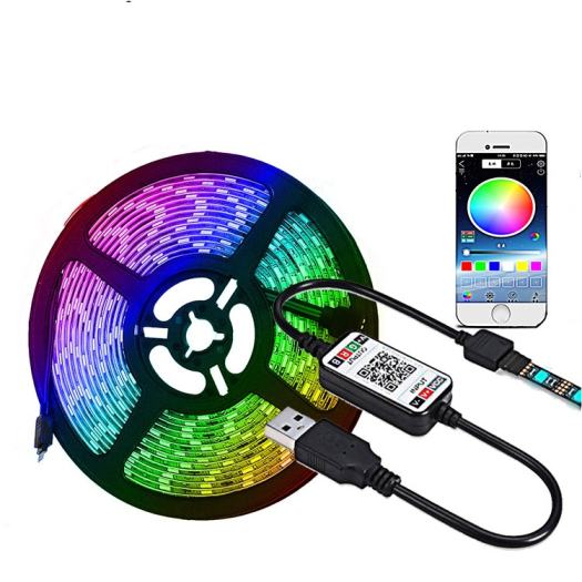 Dải đèn Led RGB dây dán 5m đổi nhiều màu qua điện thoại + Nguồn + Remote điều khiển, Đèn ngủ Giáng Sinh, Cuộn đèn Led dây dán 5m
