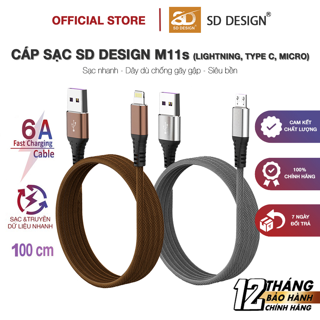 Dây cáp sạc nhanh 6A chính hãng SD DESIGN M11s sạc nhanh cho nhiều dòng Iphone Samsung Xiaomi dây dù chống đứt dài 1m2