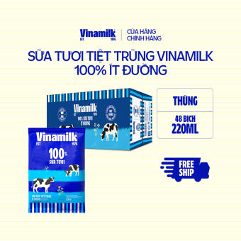 Thùng 48 bịch Sữa tươi tiệt trùng ít đường Vinamilk 100% Sữa tươi 220ml