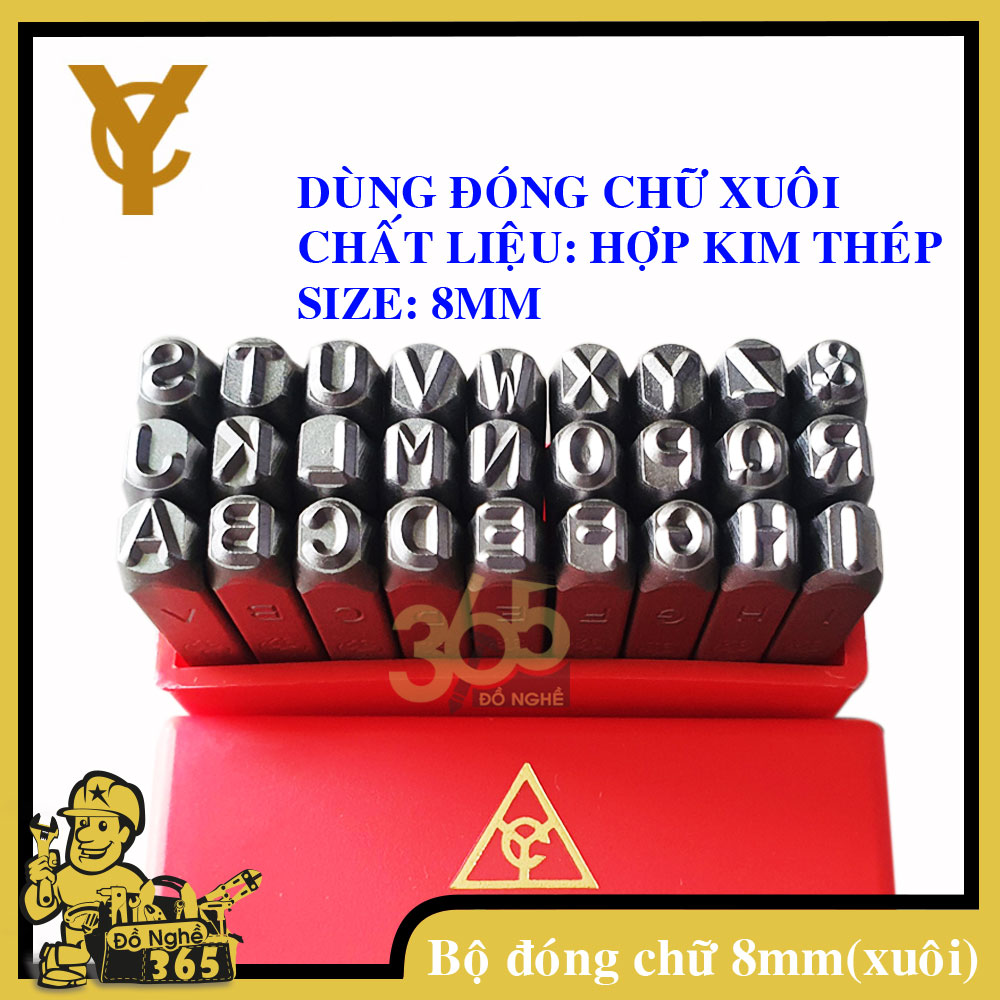 Bộ đóng chữ 8mm hiệu YC (xuôi) -, bộ đóng chữ hiệu YC được chế tạo bằng thép CR-V, có độ cứng cao, chịu lực tốt, gồm 27 ký tự từ A đến Z, và được chứa trong hộp nhựa cao cấp, đóng lấy dấu