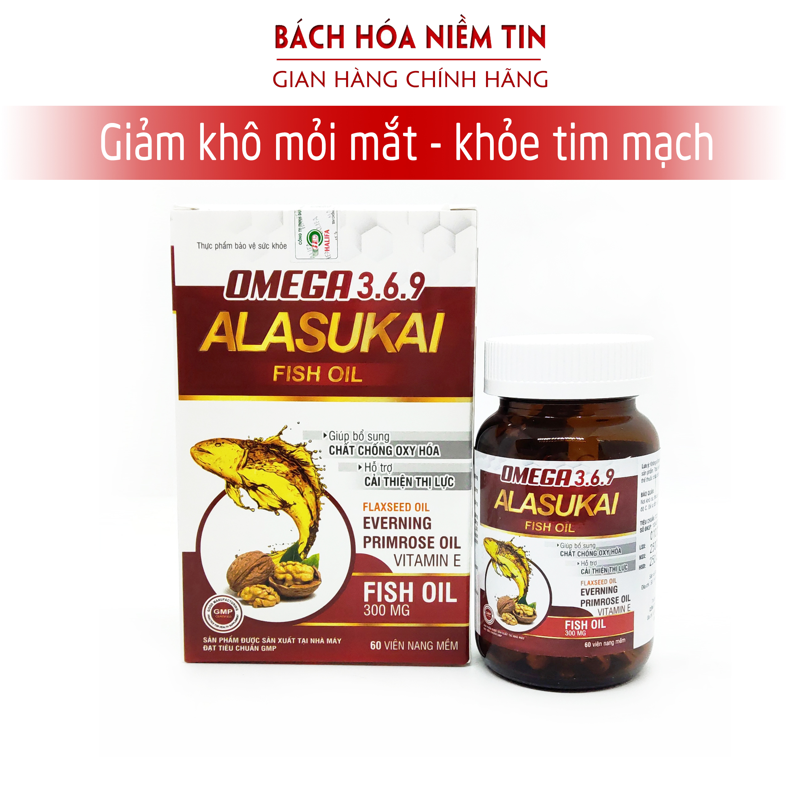 Viên dầu cá OMEGA 369 ALASUKAI - thành phần dầu cá, dầu hạt lanh, dầu hoa anh thảo dầu oliu, quả óc chó - giúp giảm khô mỏi mắt, khỏe tim mạch - Hộp 60 viên hàng chính hãng