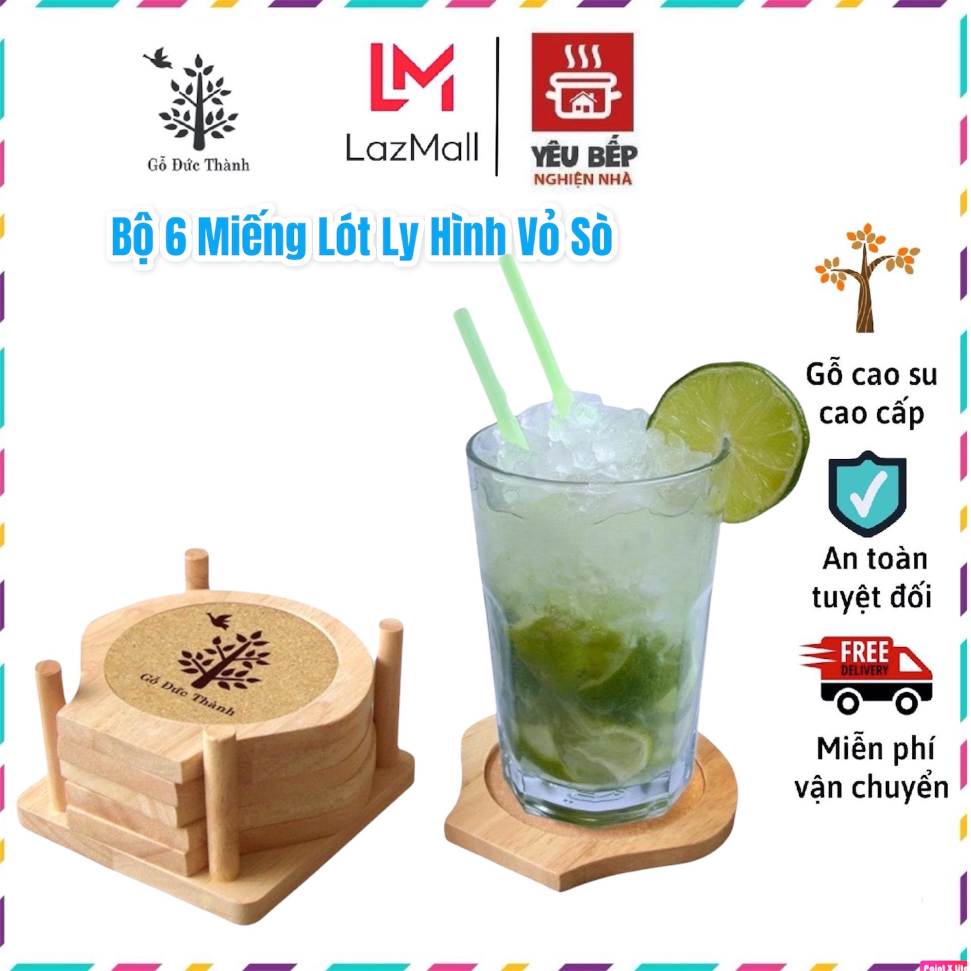 Bộ 6 miếng lót ly hình vỏ sò tặng kèm đế đựng miếng lót tiện dụng | gỗ đức thành 28201