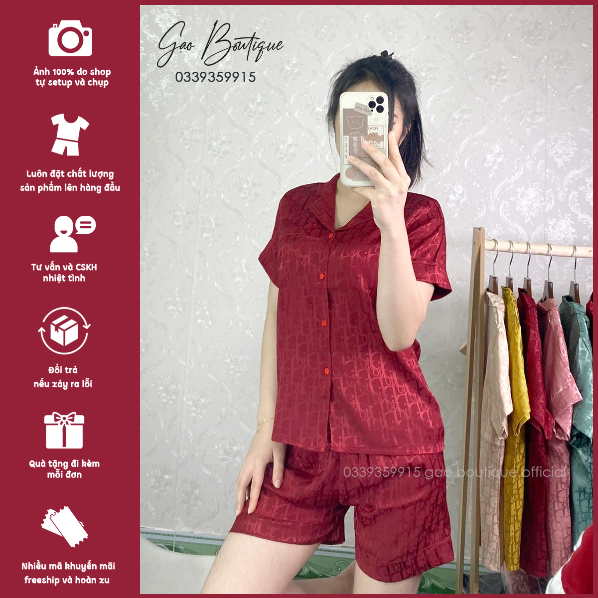 Đồ bộ pijama lụa gấm quần đùi áo cộc, bộ lụa mặc nhà, bộ đùi nữ từ 40-55kg gd01