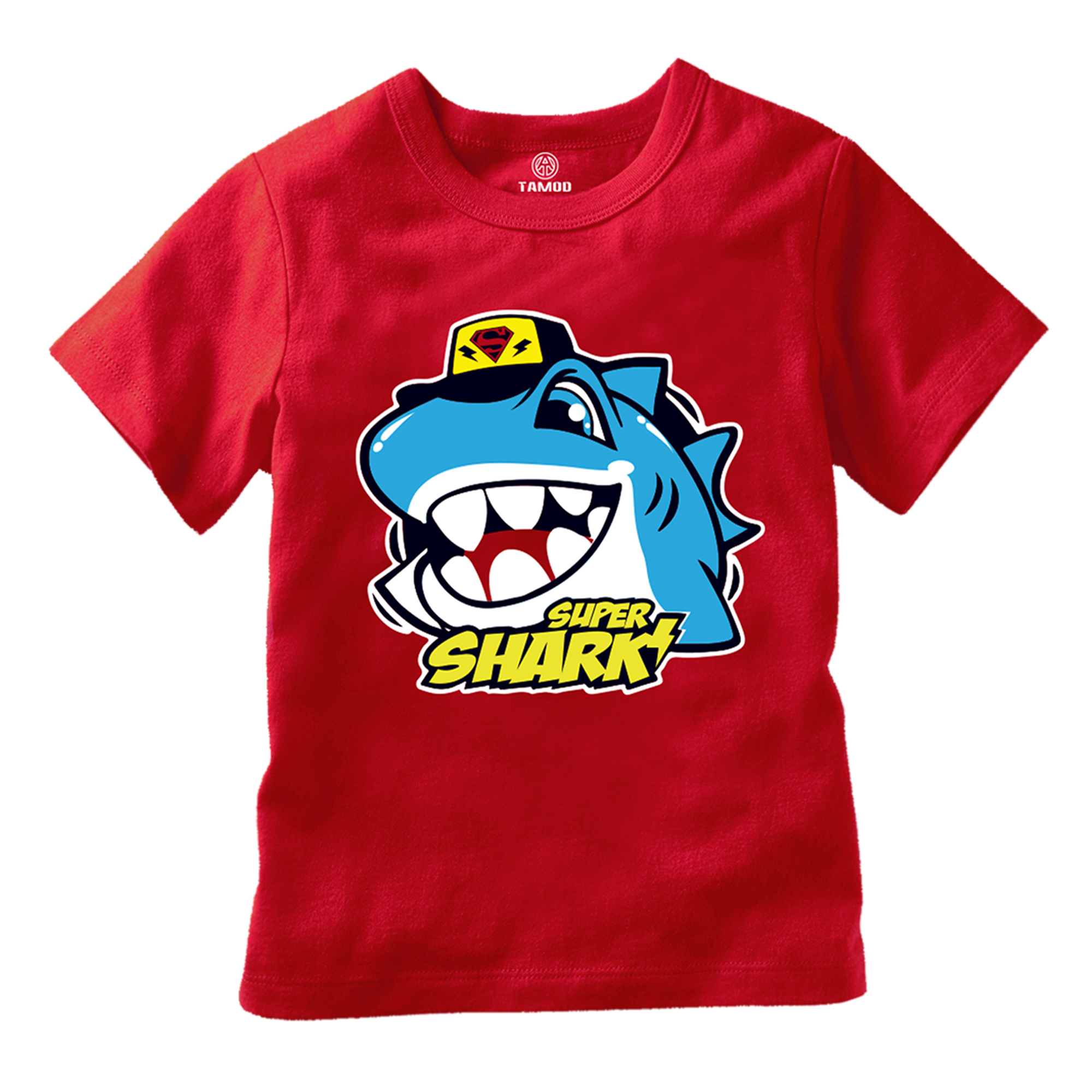 áo thun TAMOD màu đỏ chất thun in hình Cá mập dễ thương.