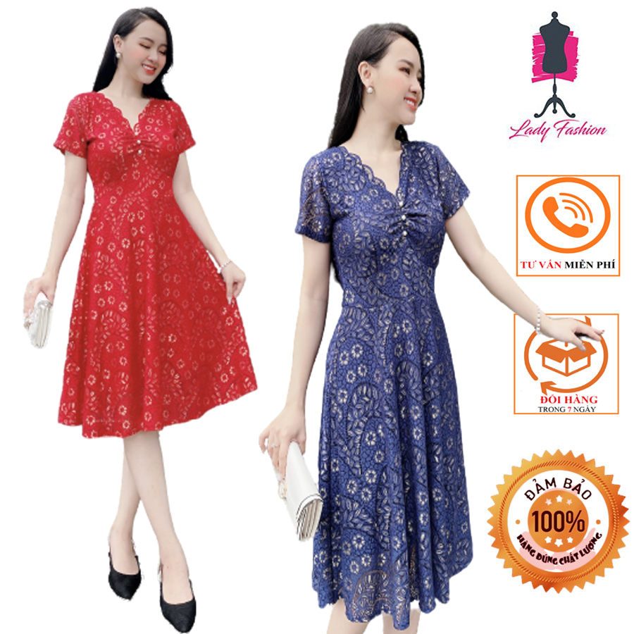Đầm ren cổ v phối ngọc - dam 0020
