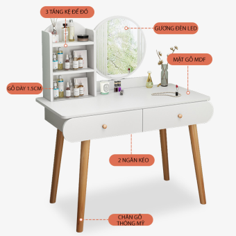 Bàn trang điểm kèm gương tích hợp đèn LED và kệ để đồ tiện lợi