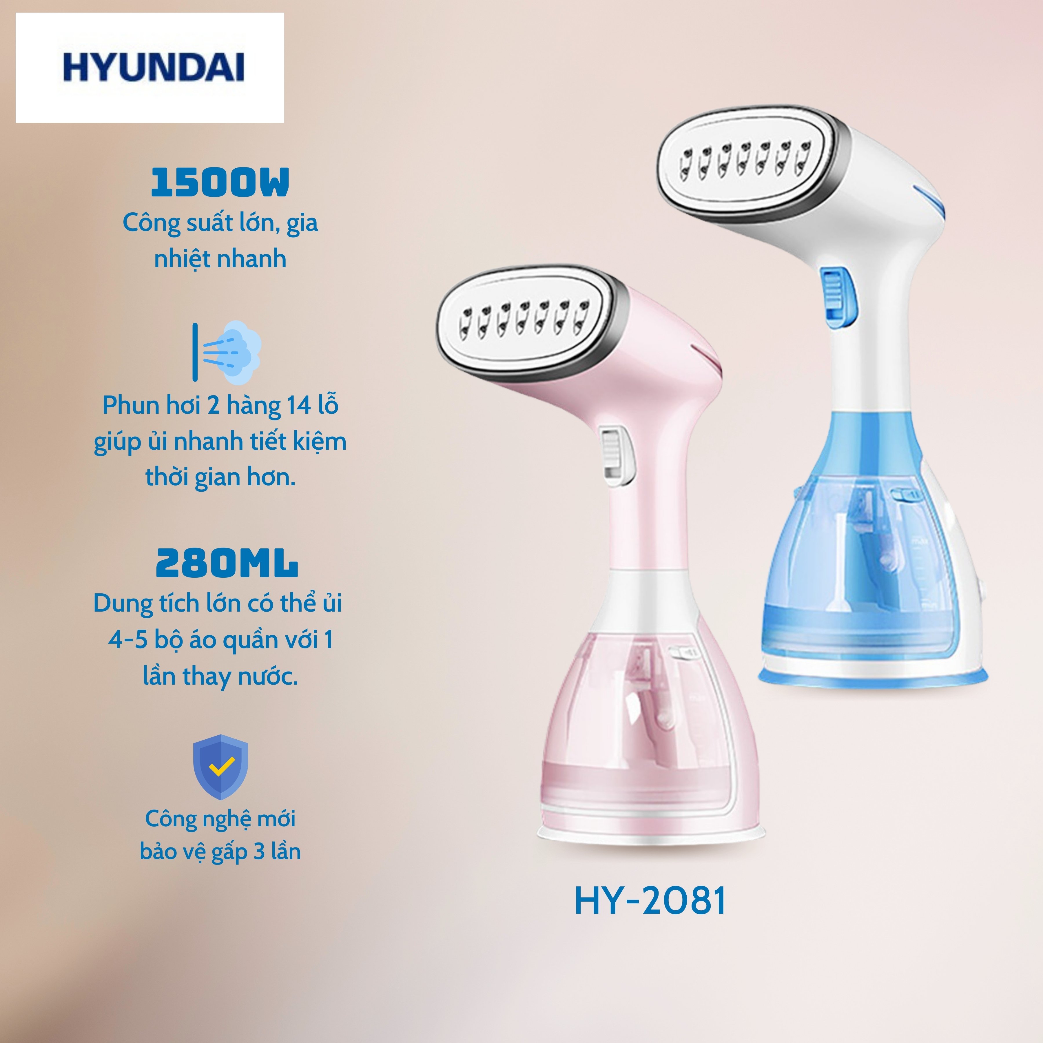 Bàn Ủi Hơi Nước Cầm Tay HUYNDAI HY2081 công suất 1500W Bàn Là Hơi Nước Nhỏ Gọn Dùng Tại Nhà và Du Lịch được BẢO HÀNH 24 THÁNG