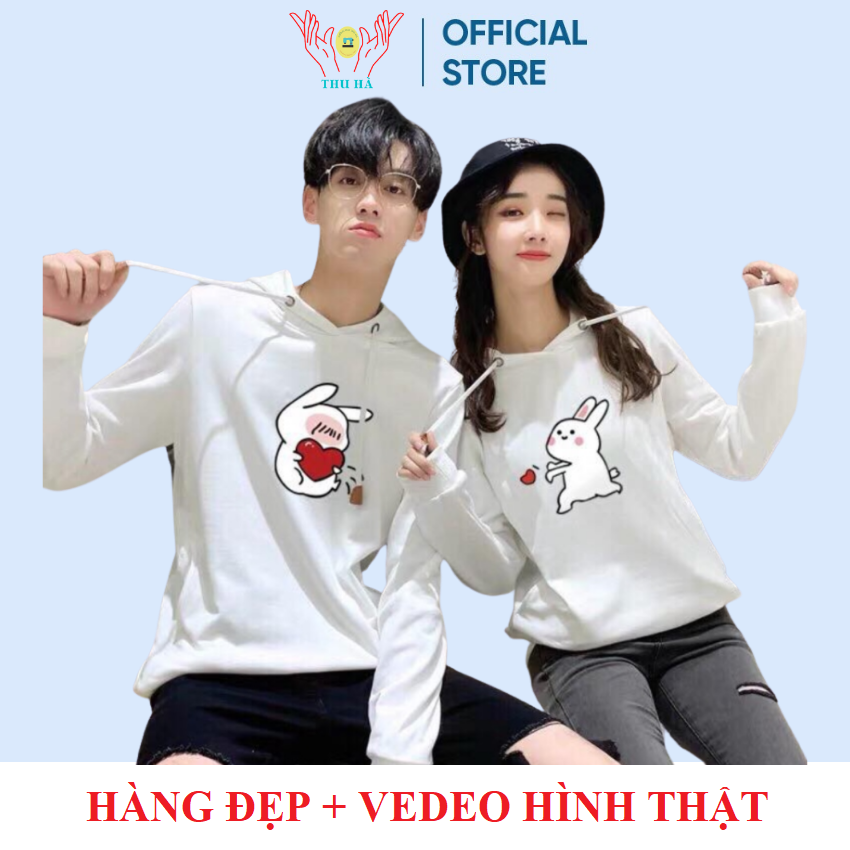 Áo đôi có mũ( 2 áo) in thỏ đẩy tim ý nghĩa