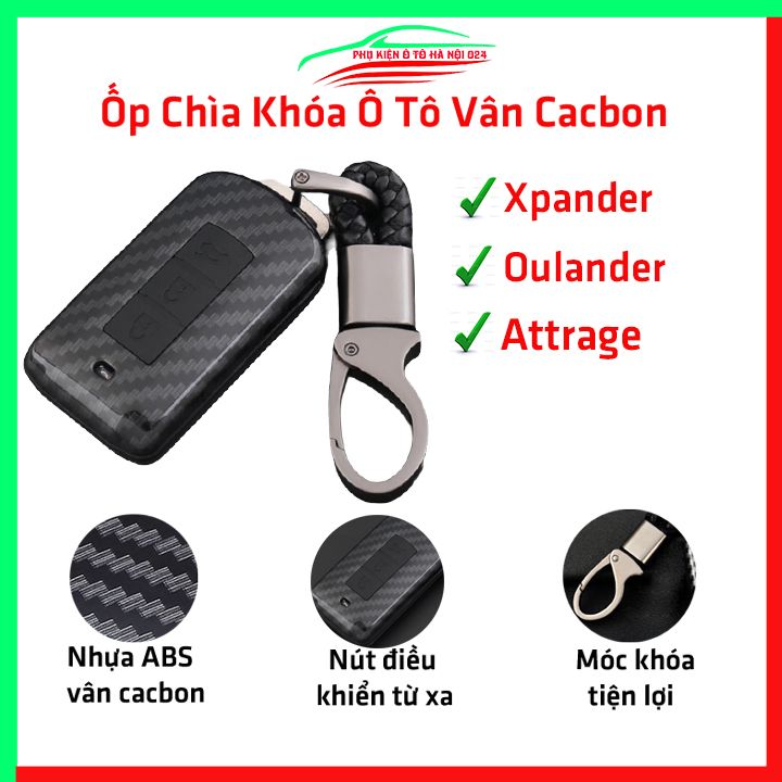 Ốp chìa khóa ô tô cacbon Xpander, Outlander, Attrage, vỏ bọc khóa theo xe có kèm móc khóa inox cao cấp, lớp silicon chống nước bảo vệ chìa bền đẹp