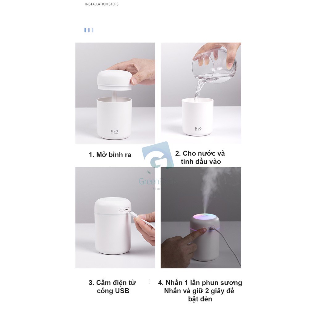 Máy phun sương tạo ẩm h2o máy xông tinh dầu tạo ẩm không khí & khuếch tán tinh dầu h20 humidifier đèn led 300ml.