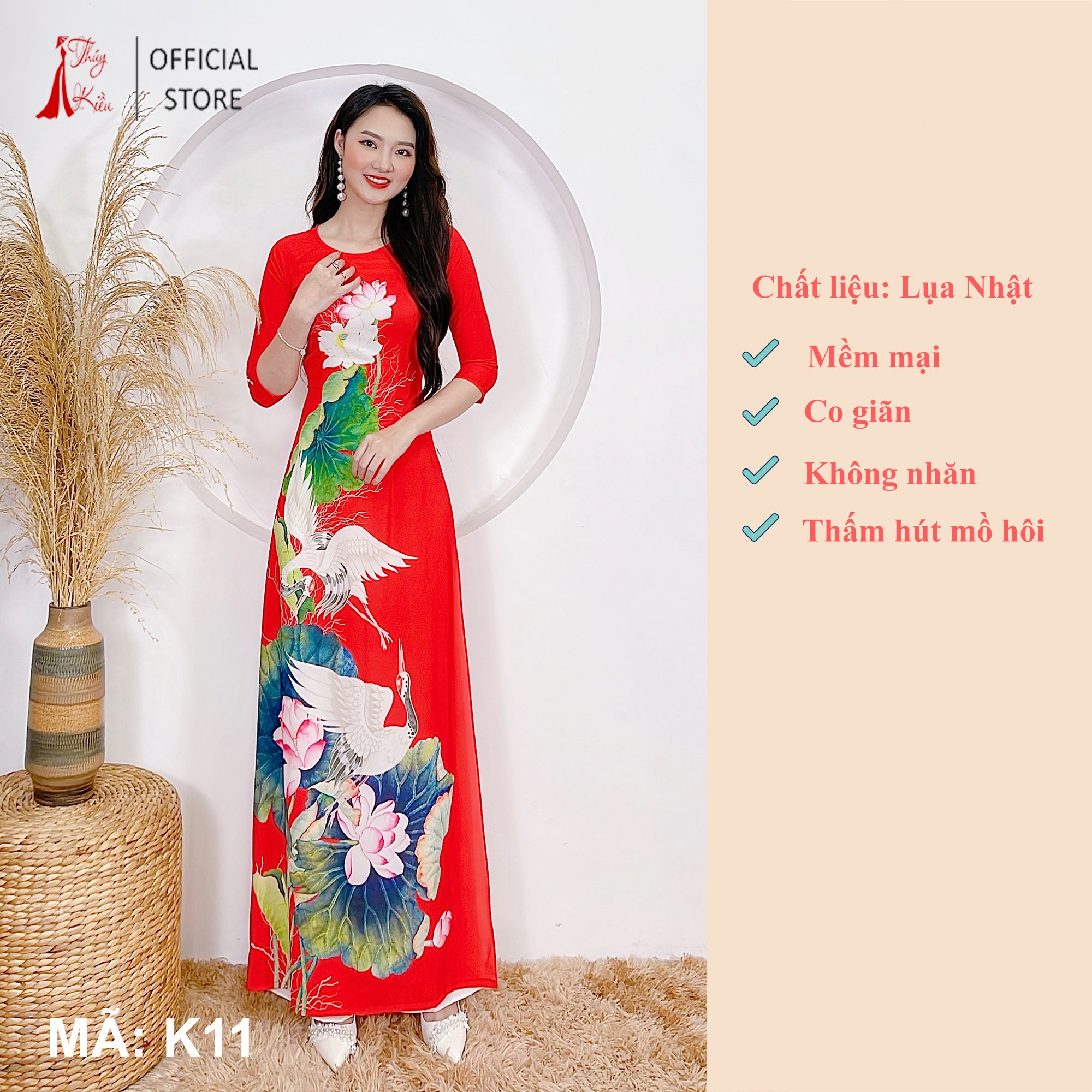 Áo dài truyền thống thiết kế may sẵn tết cách tân nữ nền đỏ hoa sen K11 Thúy Kiều mềm mại co giãn áo dài giá rẻ