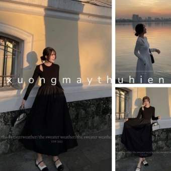 Váy xòe tay dài cổ tròn thiết kế khoét vai [FREESHIP] Đầm tiểu thư dự tiệc dáng dài style ulzzang xuongmaythuhien