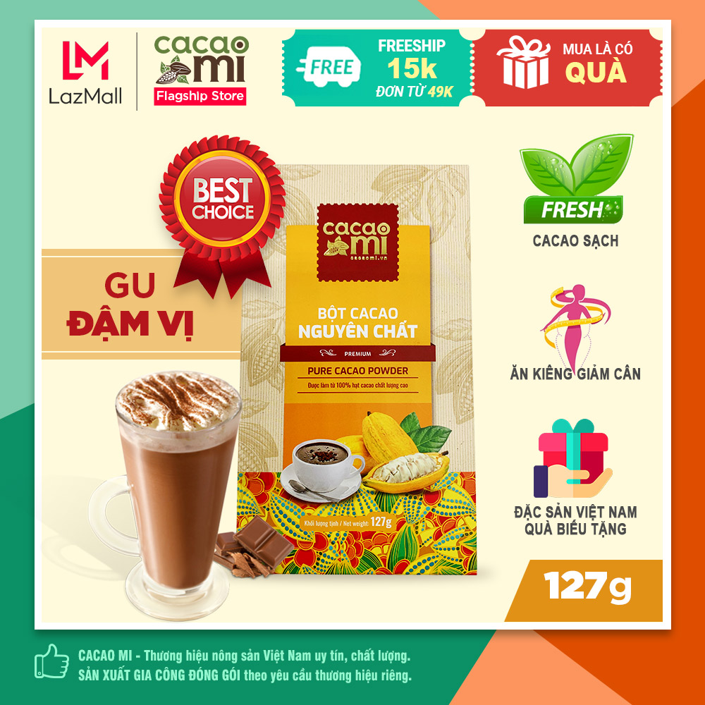 Bột ca cao nguyên chất CACAOMI Premium gu đậm vị cacao chuyên pha chế socola chocolate nóng, trà sữa, hỗ trợ giảm cân ăn kiêng Keto Eat Clean, đặc sản Việt Nam chuẩn xuất khẩu 127g