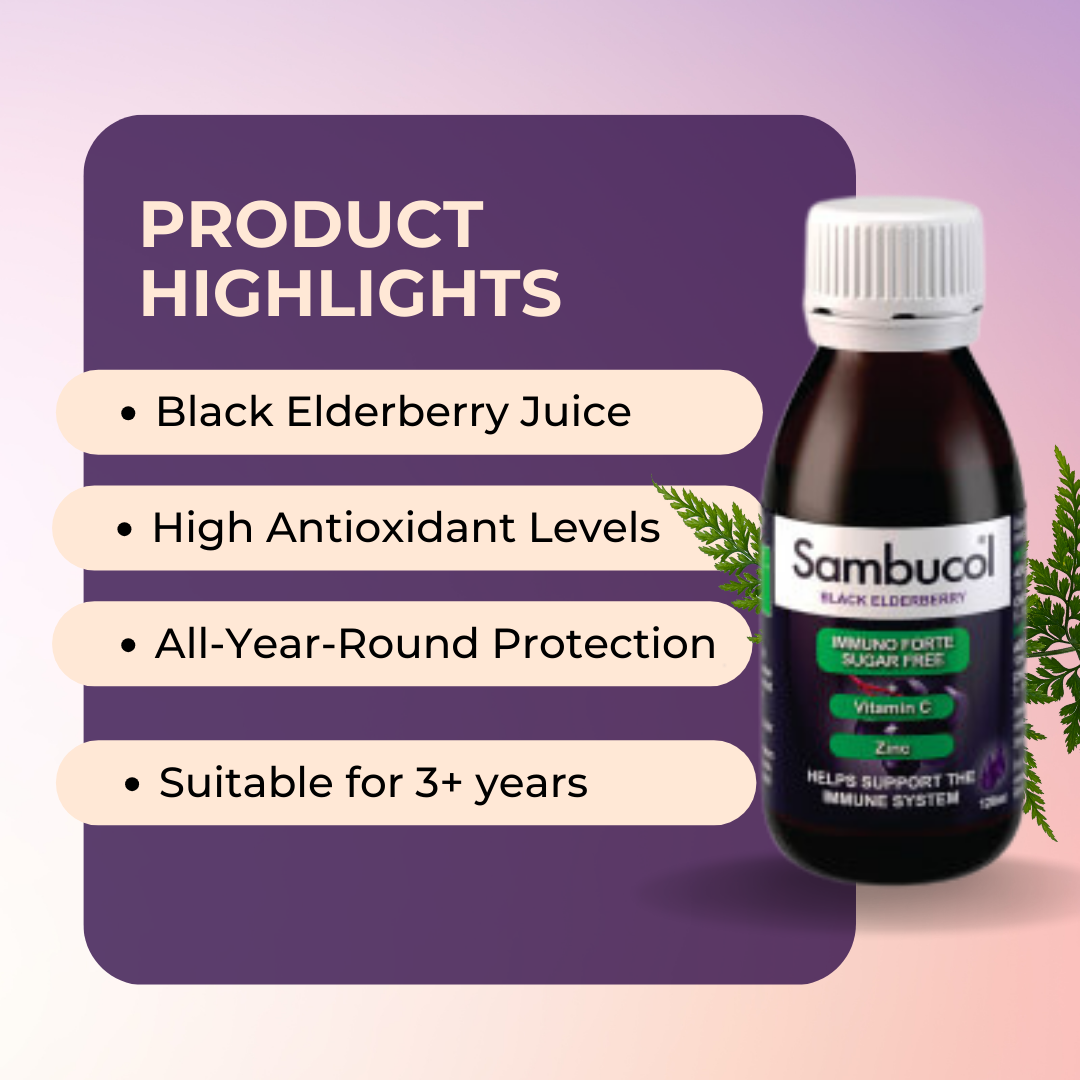 Sambucol Immuno Forte, PLUS Vitamin C + Zinc, Support Immunity, No Added Sugar, 120ml, Product Highlights