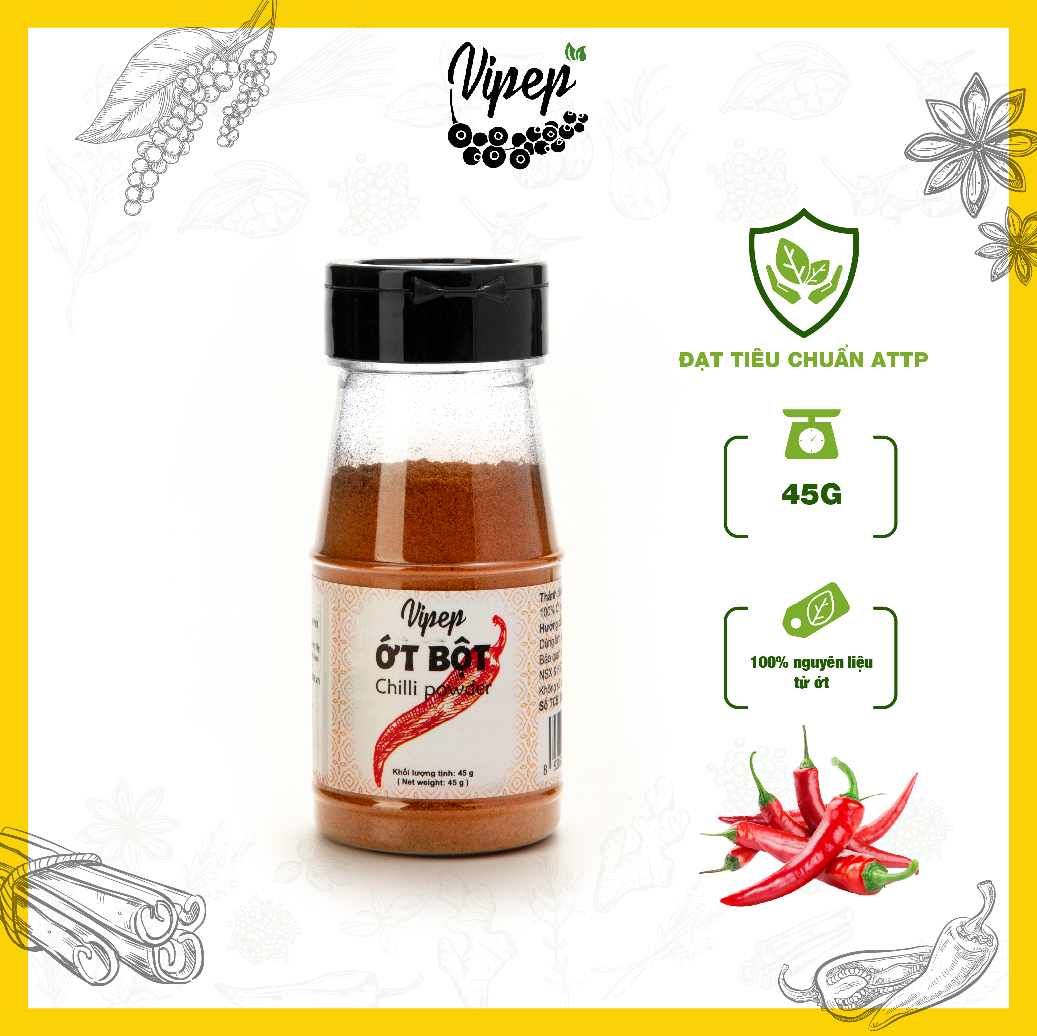Ớt bột Vipep 45g xay mịn nguyên chất - gia vị cay thơm tạo màu, tẩm ướp cho các món kimchi Hàn Quốc, lẩu, kho, chiên