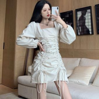 Beautyinggirls Đầm Đeo Hông Dây Rút Dài Tay Cổ Vuông Cho Nữ