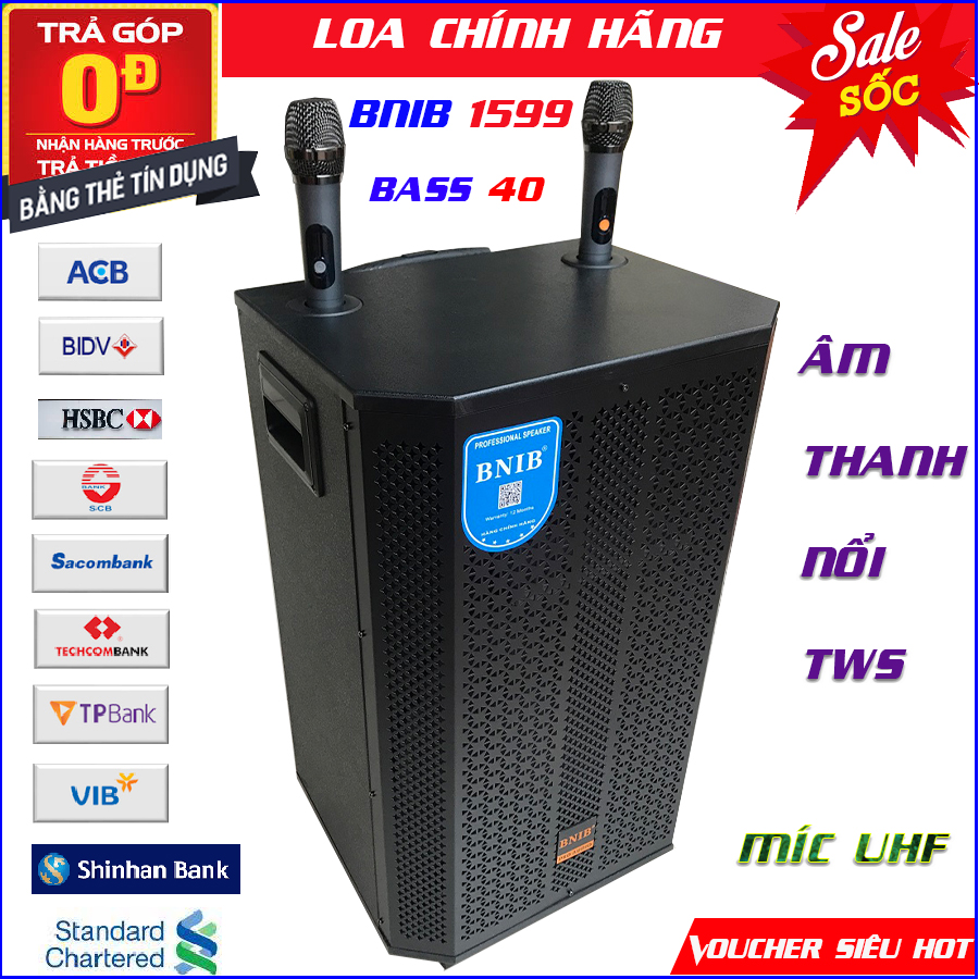 <freeship>Loa kéo cao cấp BNIB 1599 bass 40 âm thanh nổi TWS siêu chất, bo mạch chống hú cực tốt, kèm 2 míc UHF xịn