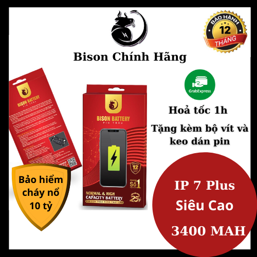 Pin bison con trâu cho ip 7 plus siêu cao 3400mah chính hãng - bh 12 tháng
