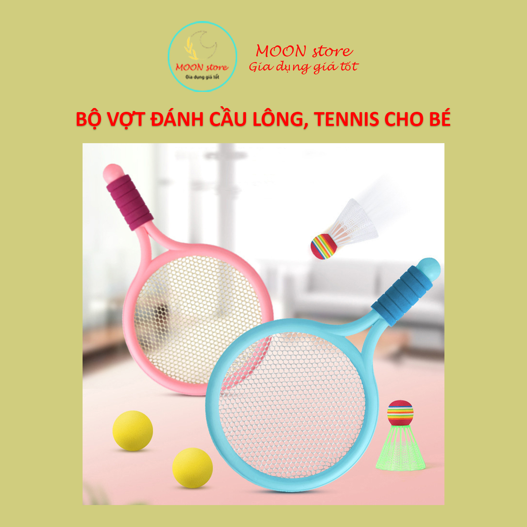 Bộ vợt đánh cầu lông, đánh tennis cho bé có tay cầm bằng xốp tiện lợi, chắc chắn