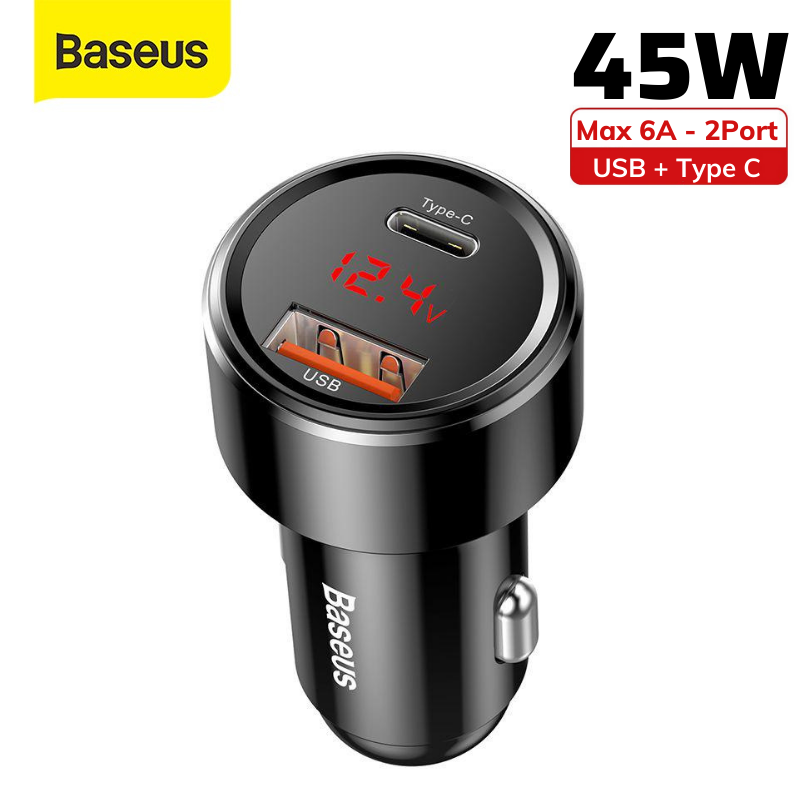 Tẩu sạc nhanh ô tô baseus 45w QC3.0 PD 2 cổng sạc có đèn LED hiển thị dòng điện -  cốc sạc xe hơi oto sạc nhanh