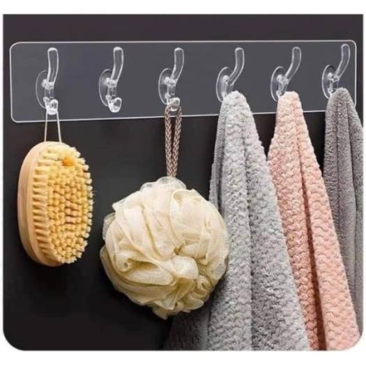 2 thanh dán tường trong suốt 6 móc làm móc treo quần áo, treo đồ phòng tắm..