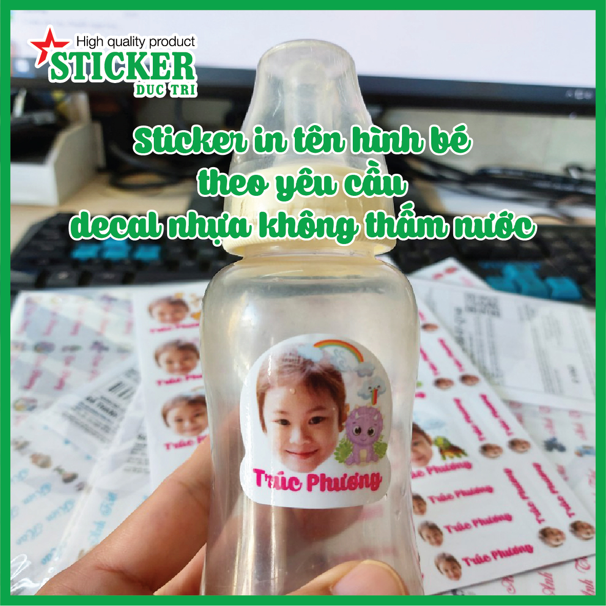 Sticker Tên và ảnh Bé in theo yêu cầu.Dùng để dán bình sữa... chống nước dùng được trong máy tiệt trùng hoặc nước đun sôi
