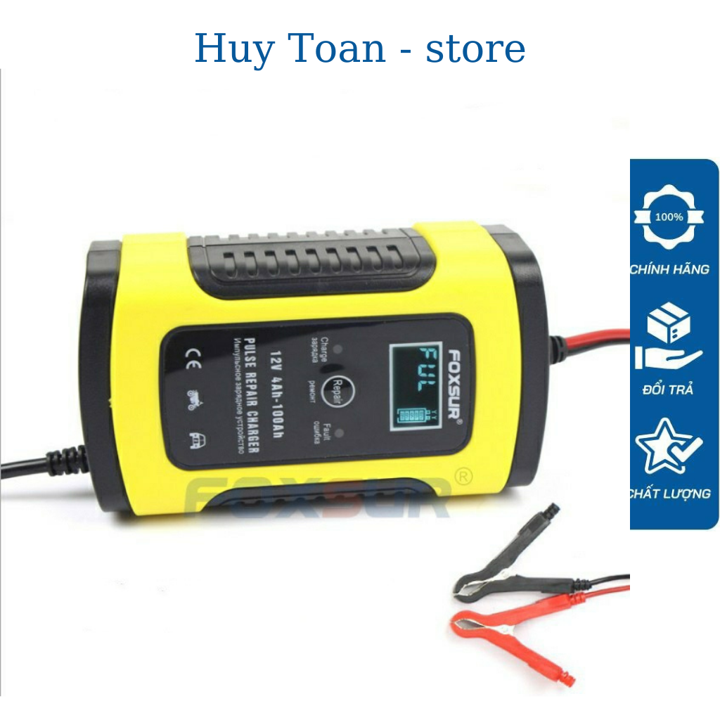 Sạc bình ắc quy ô tô xe máy 12V 4Ah - 100Ah FOXSUR tự ngắt khi đầy chức năng bảo dưỡng phục hồi ắc quy bằng khử sunfat