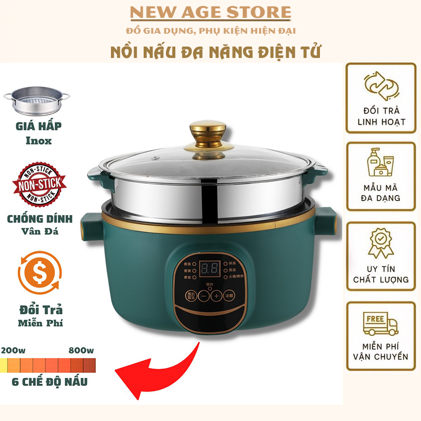 Nồi Shanban điện tử kiểu dáng mới 6 chế độ nấu - Nồi lẩu 800W lòng chống dính cao cấp kèm xửng inox nắp vàng