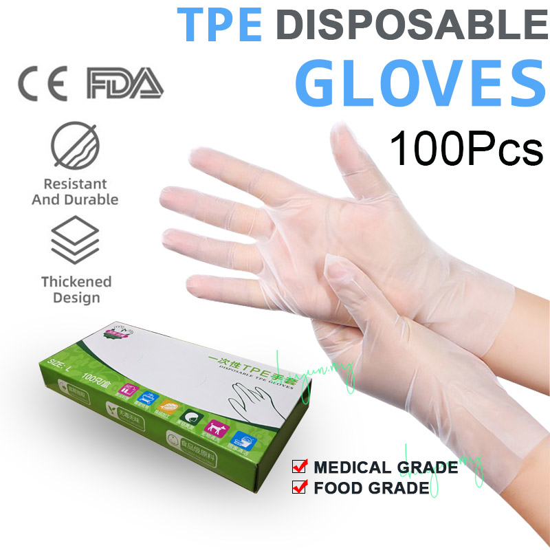 Gambar 100Pcs TPE Disposable Gloves Food Grade High Elasticity Anti static Thickening Gloves Food Grade Powder Free Sanitary Gloves for Personal Protection Cleaning Cooking Restaurant Kitchen for food processing, Baking, Washing, hairdressing, Beauty salons