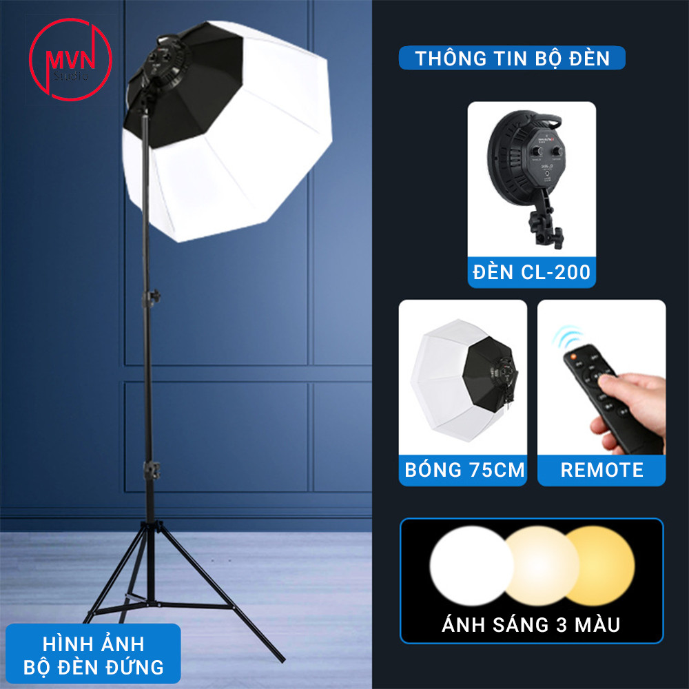 Bộ đèn studio có thể điều chỉnh ánh sáng và độ màu chụp ảnh, quay phim, Livestream chuyên nghiệp, cao 2m softbox PARABOL 75cm - MVN Studio