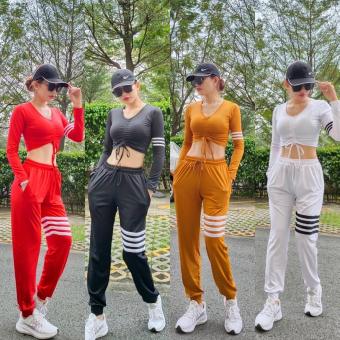 Bộ Đồ Tập Thể Thao Nữ Áo Croptop Tay Dài Quần Jogger Tập Gym Yoga Aerobic Cao Cấp Nhiều Màu