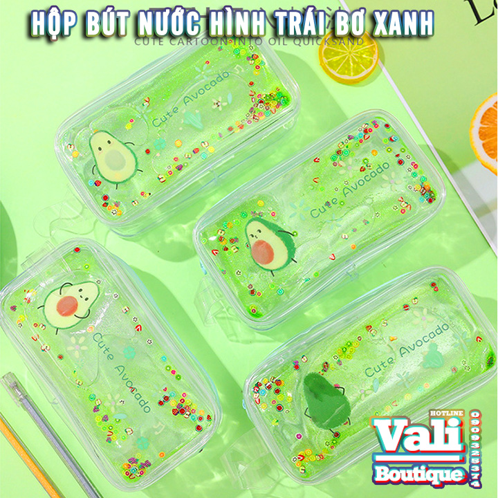 Hộp bút nhựa PVC nước nhũ kim tuyến trong suốt hình quả bơ - nhiều mẫu - tặng 1 bút hình thú mẫu ngẫu nhiên mực đen