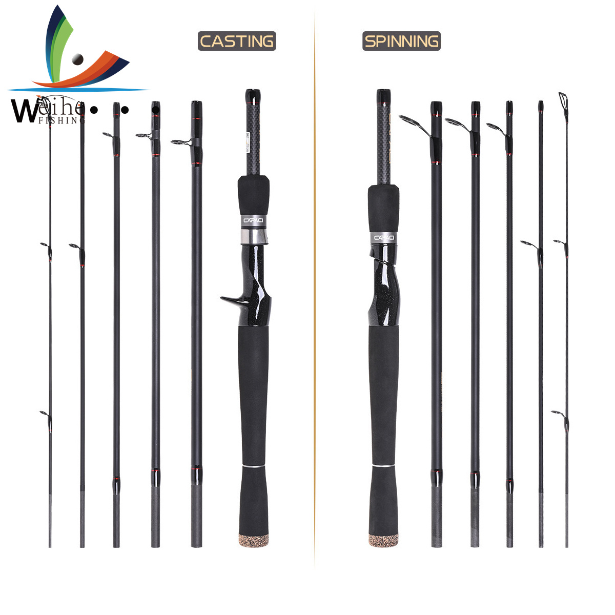 Weihe cần câu cá thu hút sợi carbon 2.4m cần câu cá máy ngang quay 6 khúc siêu nhẹ công suất ml có tay cầm eva