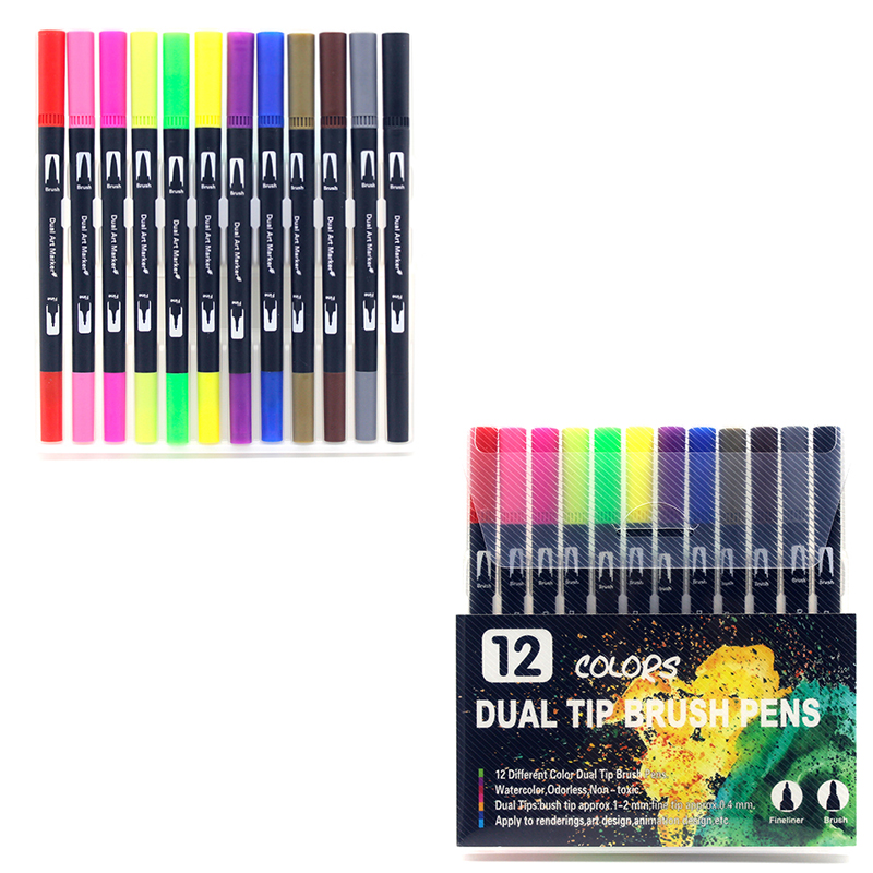 NEW 12pcs/60pcs Colors Dual Tip Brush Pens Art Markers by Tanmit, 0.4mm  Fine liners & Brush Tip Highlighters Watercolor Pens Set with Round Case  for Adult Coloring Books