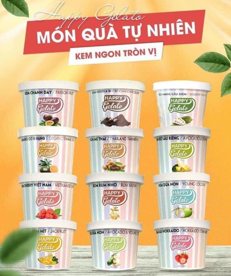 Bộ 6 vị kem tươi Happy Gelato chính hãng gồm Cam, Dừa non, Bơ dừa, Dâu, Chocolate, Trà xanh