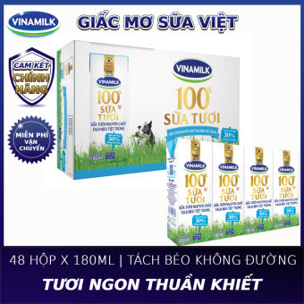 Thùng 48 Hộp Sữa tươi tiệt trùng Vinamilk 100% Tách béo không đường 180ml