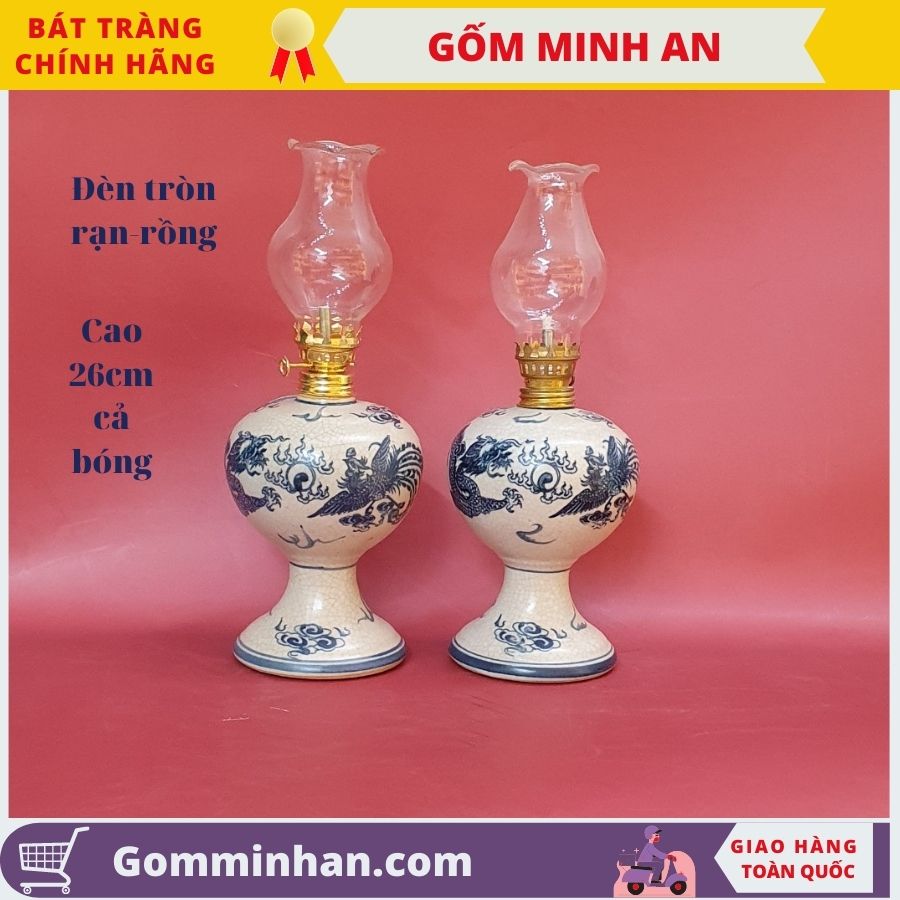 Đèn dầu thờ đèn thờ men rạn dáng tròn vẽ hoa văn cao cấp- gốm sứ bát tràng- gốm minh an