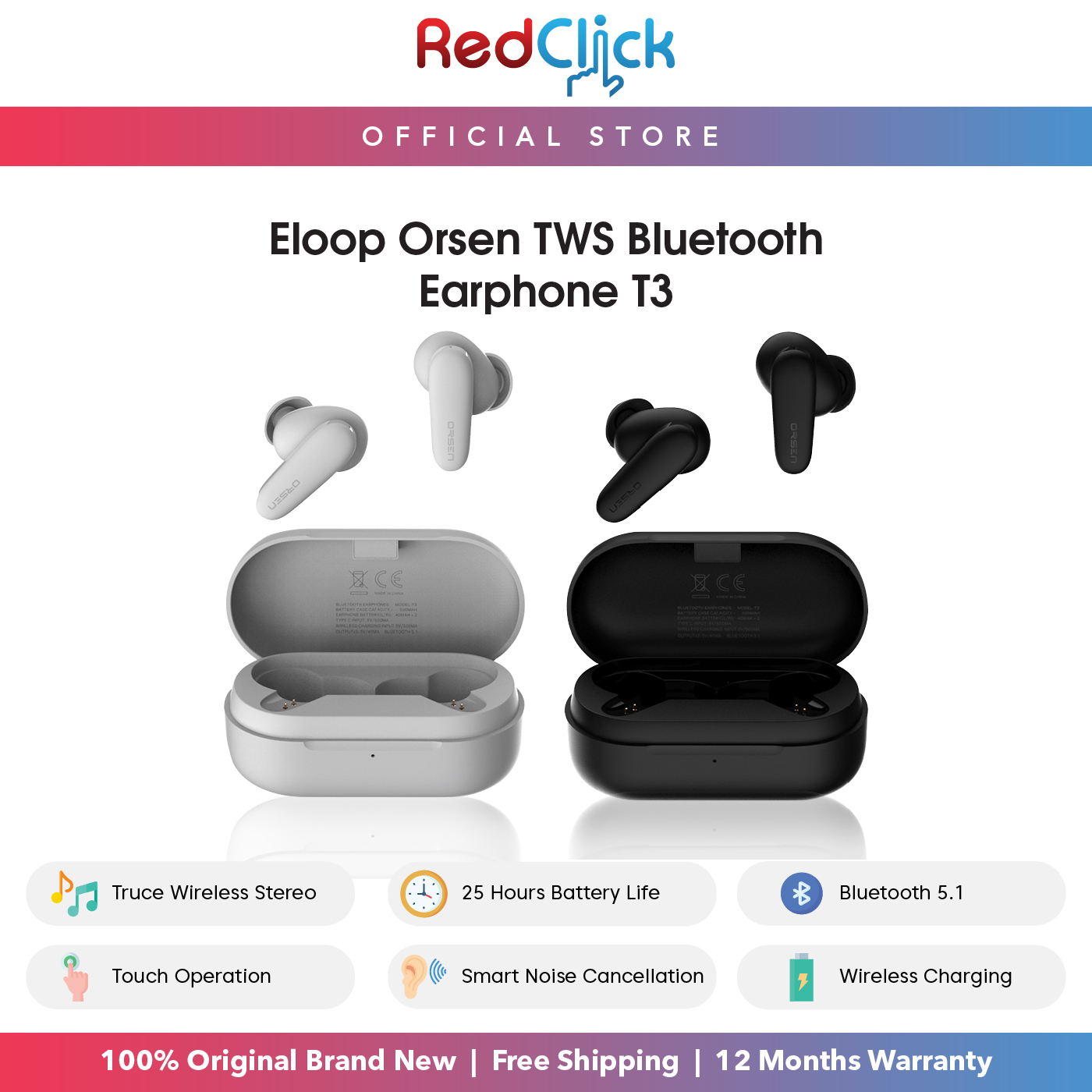 Eloop T3 TWS Bluetooth 5.1 Earphone Smart Noise Cancellation Support Wireless Charging
