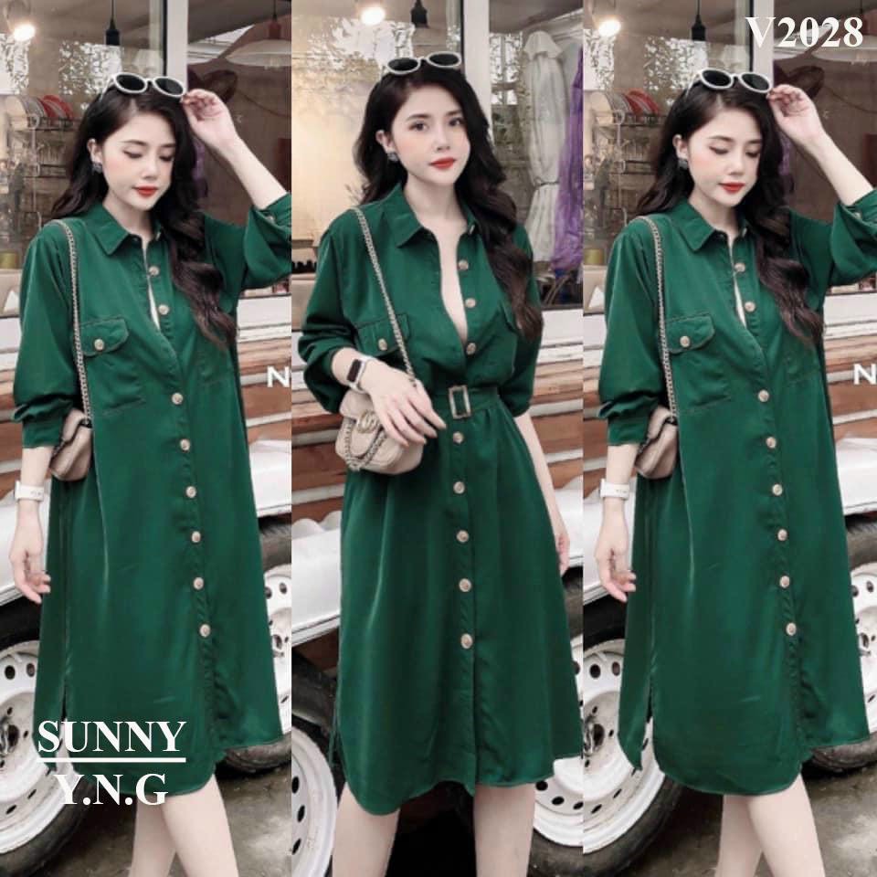 Váy bầu xinh-váy bầu dài tay sơ mi dáng dài