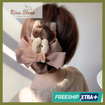 TẶNG BAO LÌ XÌ 2023-Kẹp tóc càng cua phối lông nhung nơ hồng PK003