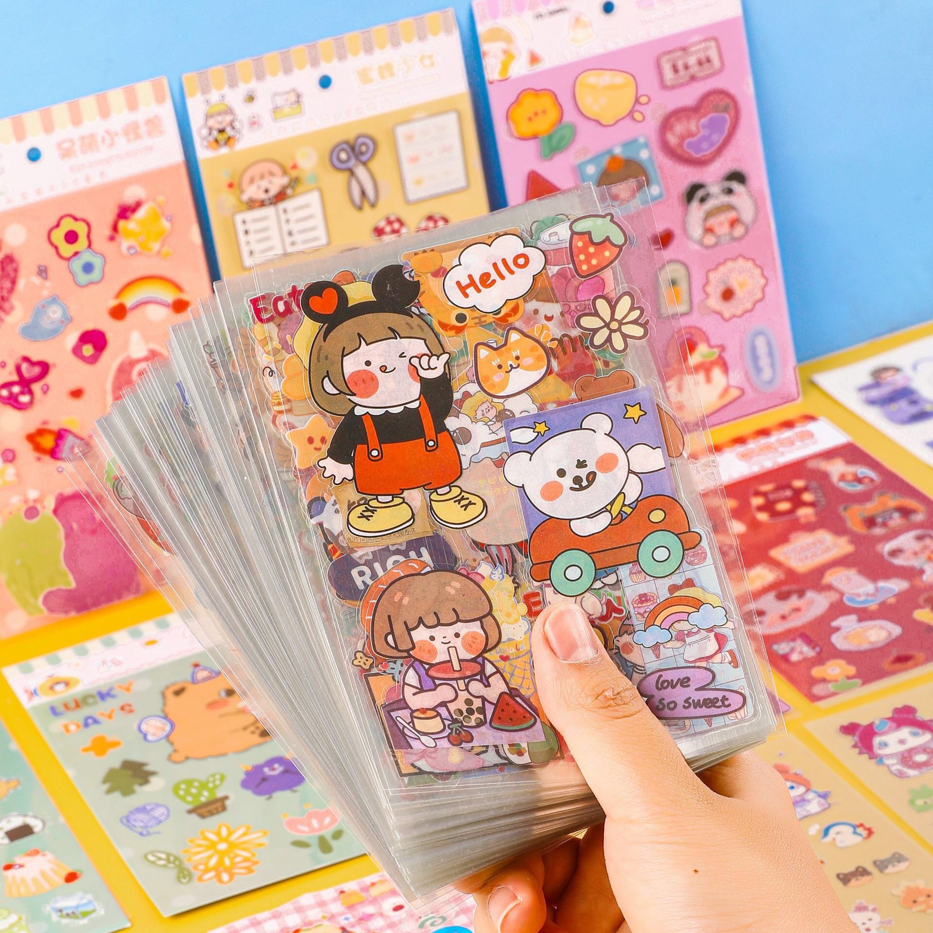 Set 6 Tấm Sticker cắt sẵn, nền trong, hình nộm đáng yêu dùng trang trí