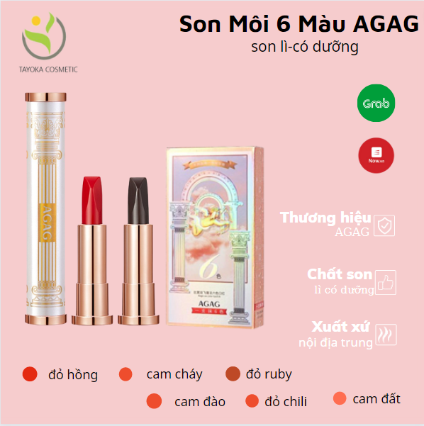 Son môi 6 màu chính hãng AGAG thiết kế cực kỳ độc đáo với 2 đầu mỗi đầu hội tụ 3 màu cực trendy,chất son mịn mượt như bơ,giúp đôi môi luôn căng mọng,với khả năng chống nước tốt,giữ màu lâu trôi TK-10 Tyoka
