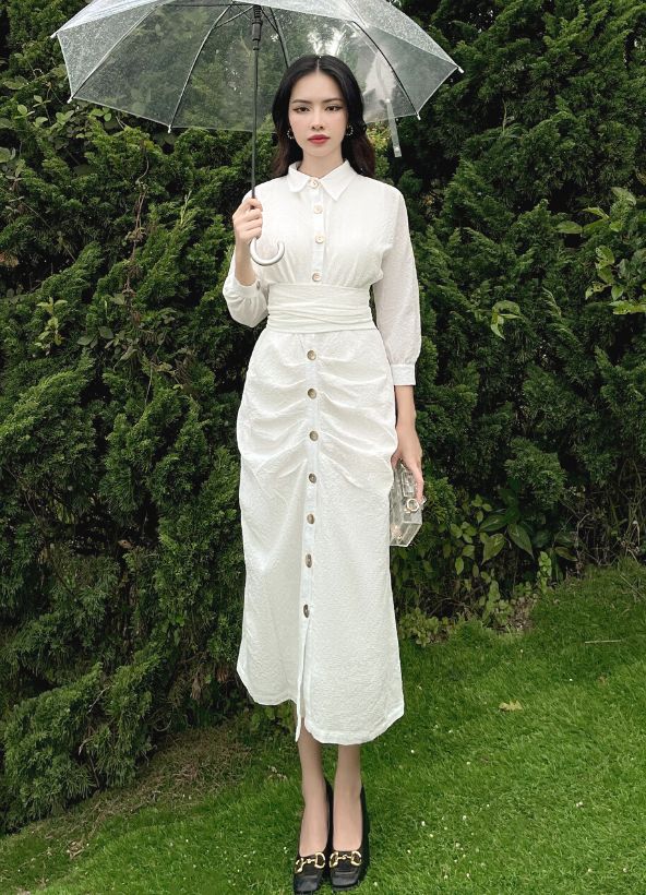 Đầm sơ mi dài nhún ly buộc eo , Peace House Clothing