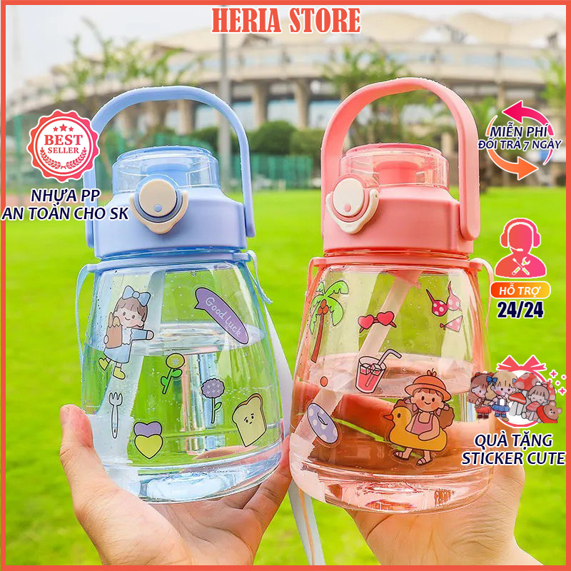 Bình nước cute nhựa có ống hút, bình đựng nước dễ thương có nút bấm 1100ml Heria Store