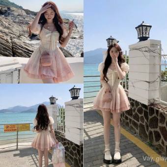 Váy đầm nữ dáng xòe tay bồng tiểu thư phối màu cực xinh