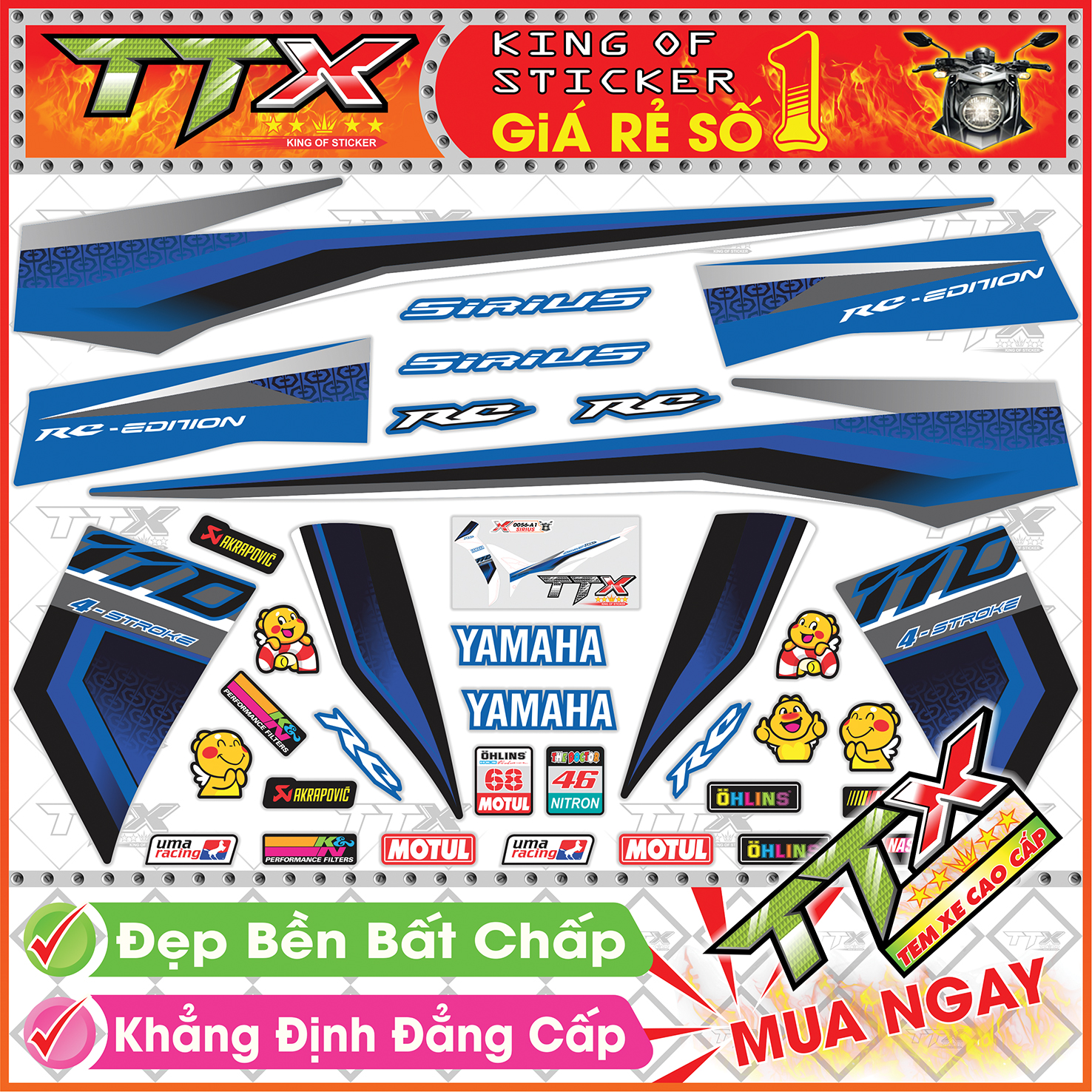 Tem Xe Sirius Xanh Đen RC 2022 - Tem Sirius RC 110 Đen Xanh siêu Đẹp - Mẫu Team Sirius Xanh Đen