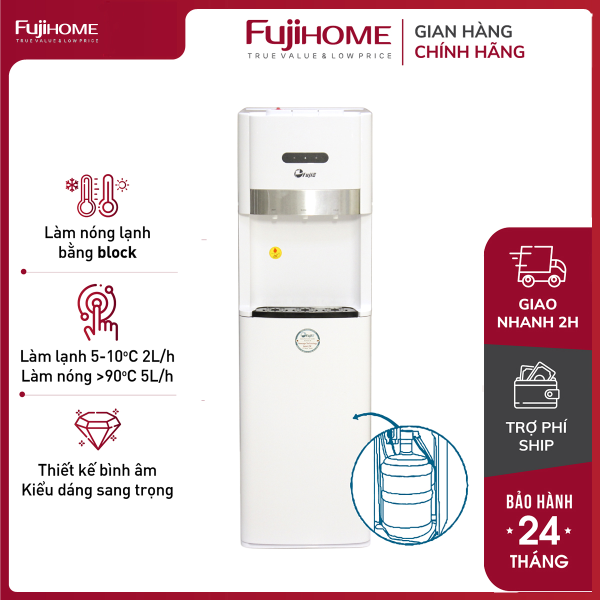 Cây nước nóng lạnh nhập khẩu bình âm cao cấp FujiE WD6500C, máy nước uống nóng lạnh 3 vòi, khóa vòi nóng an toàn, làm lạnh BLOCK, tự động ngắt tiết kiệm điện - Bảo hành 2 năm